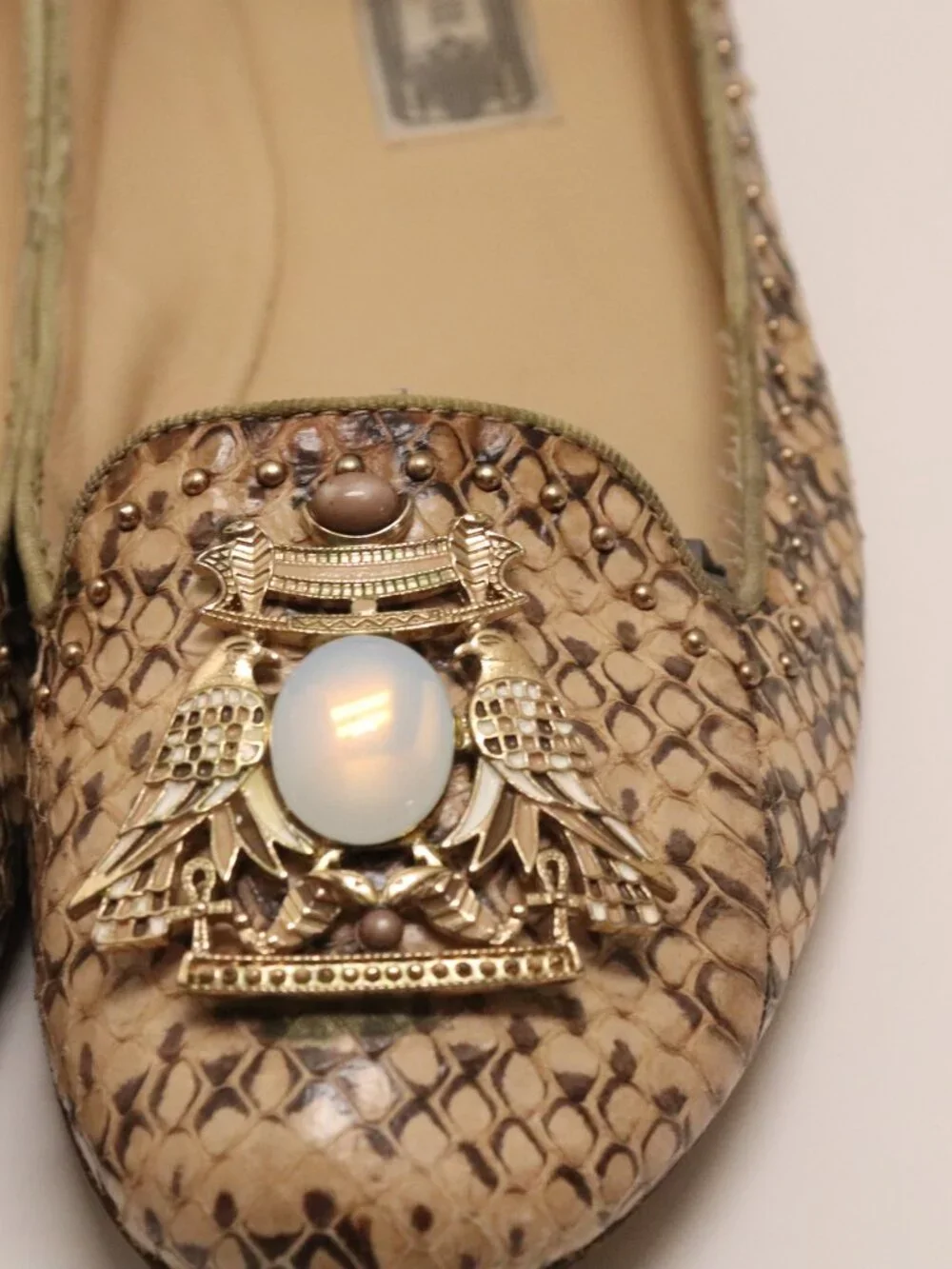 Ivy Kirzhner Snake Print Flats Women's Shoes with Gem Embellishment Beige